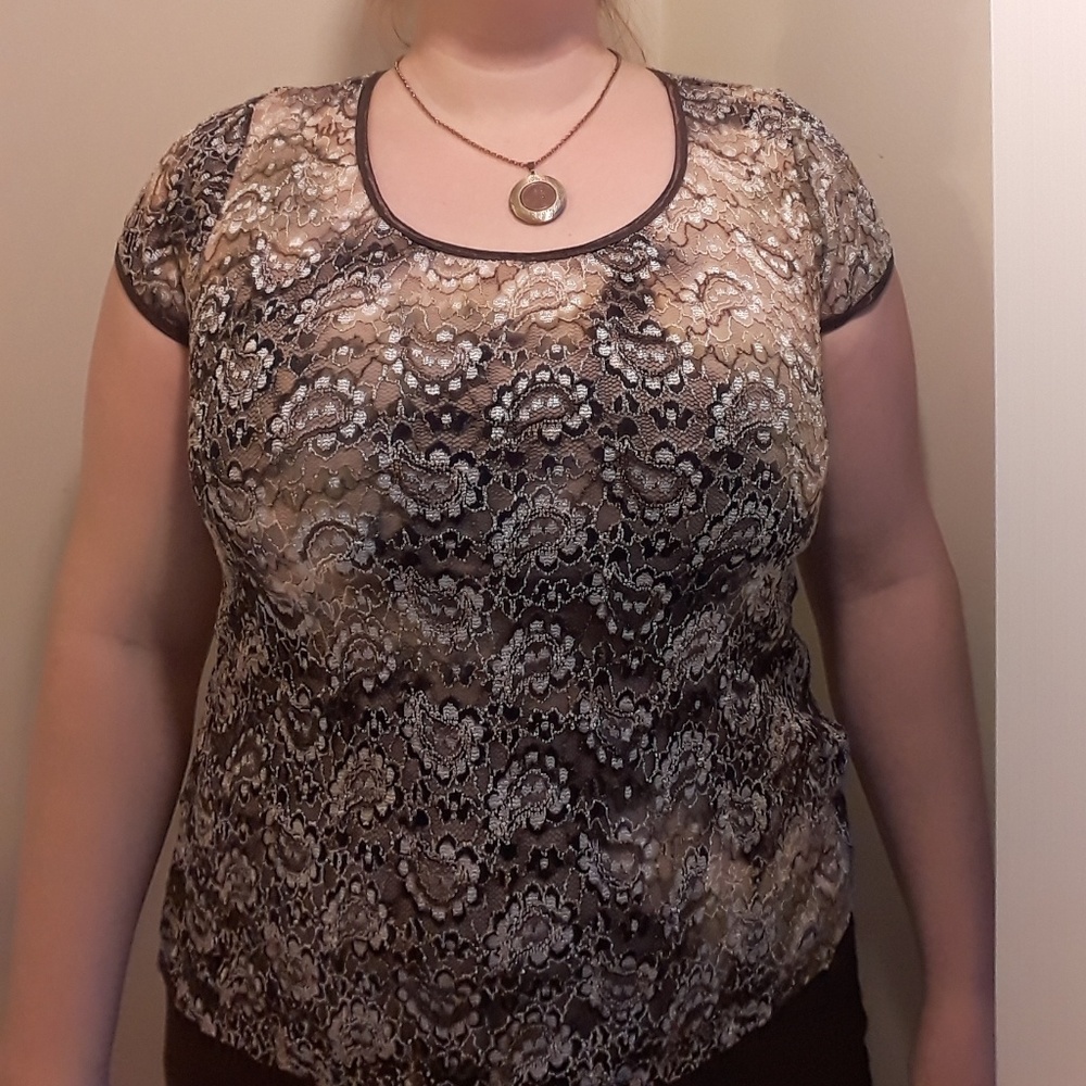 Dress Barn - Brown, Cream, and Sage Lace Blouse L